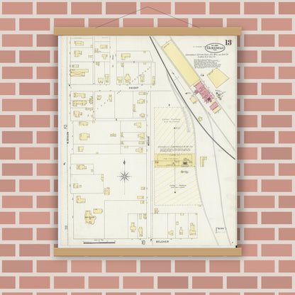 Old map wall art mockup — magnetic wood frame on brick wall — Sanborn Fire Insurance Map from Gainesville, Cooke County, Texas (1897), Sheet #0013
