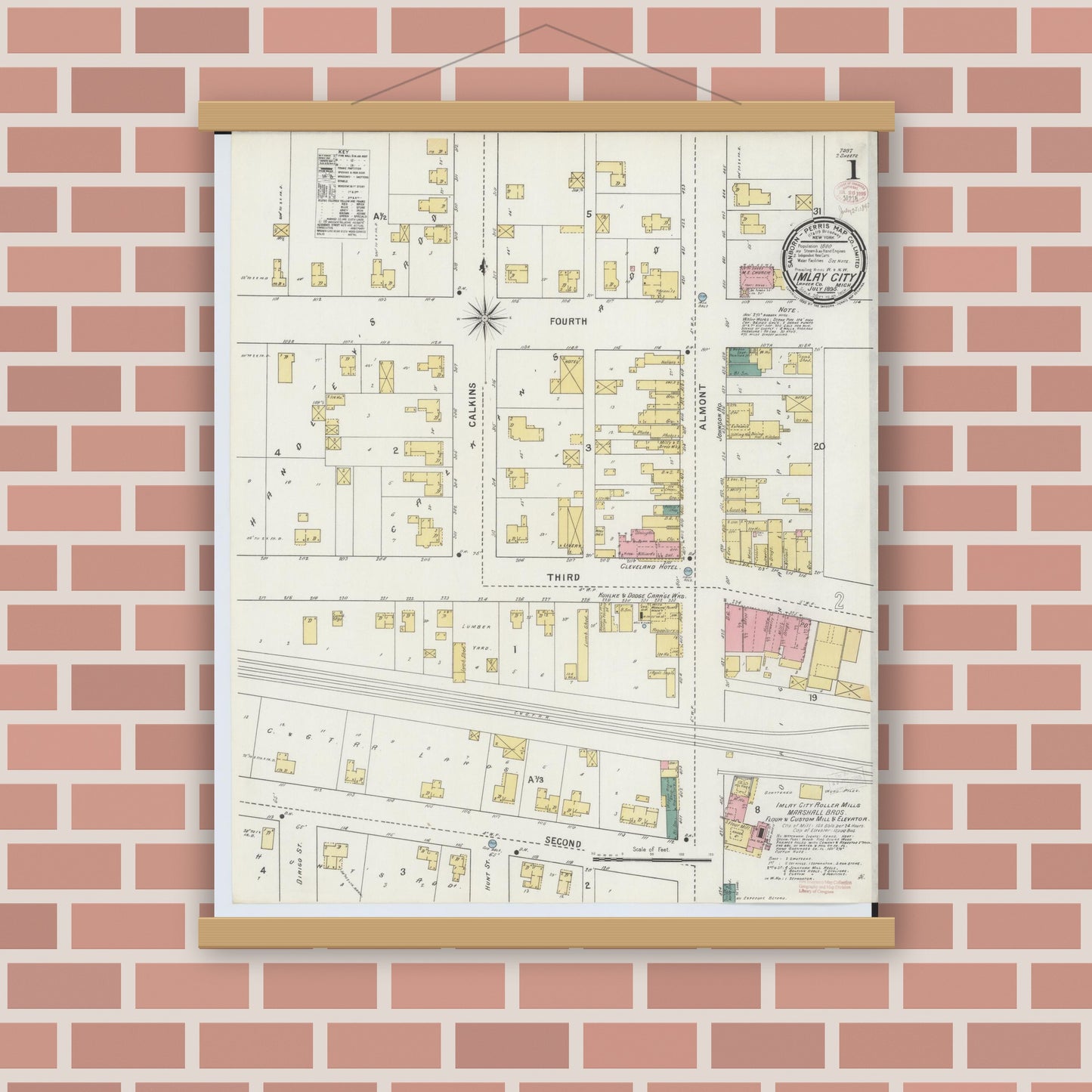 Old map wall art mockup — magnetic wood frame on brick wall — Sanborn Fire Insurance Map from Imlay City, Lapeer County, Michigan (1895) - Complete Map Set