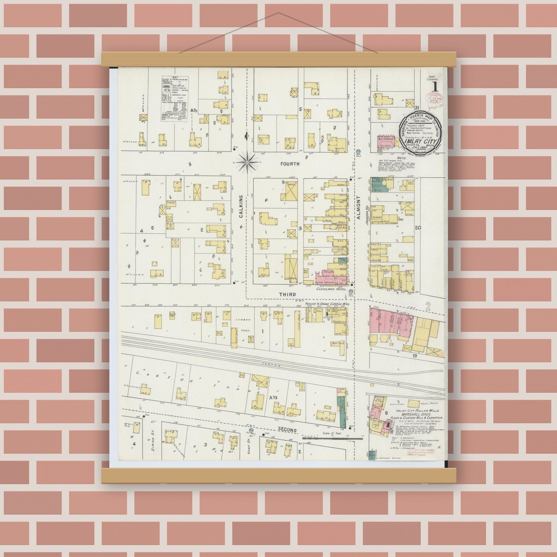 Old map wall art mockup — magnetic wood frame on brick wall — Sanborn Fire Insurance Map from Imlay City, Lapeer County, Michigan (1895) - Complete Map Set