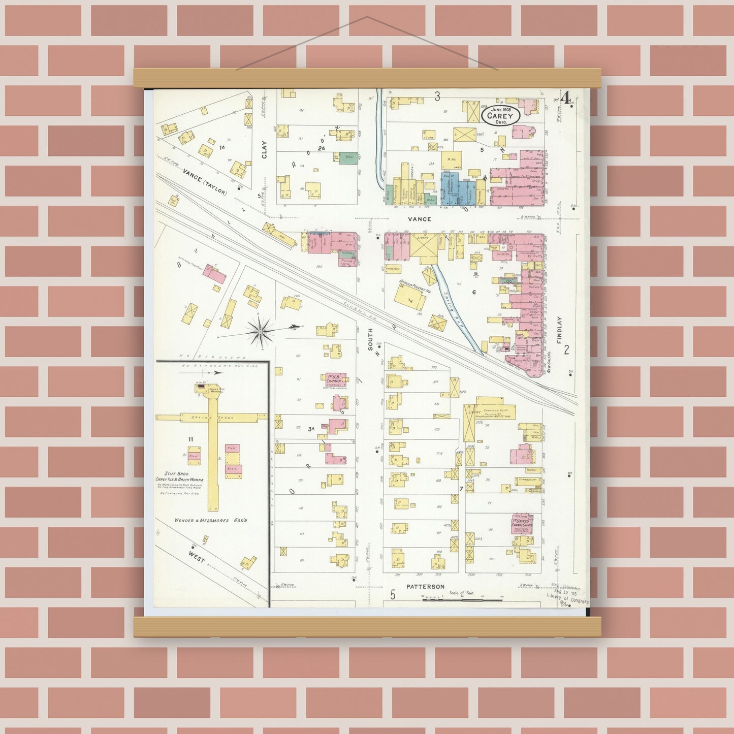 Old map wall art mockup — magnetic wood frame on brick wall — Sanborn Fire Insurance Map from Carey, Wyandot County, Ohio (1908), Sheet #0004