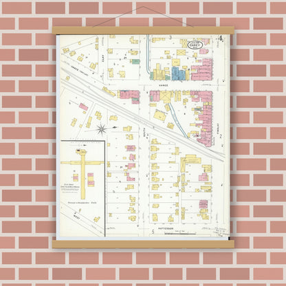 Old map wall art mockup — magnetic wood frame on brick wall — Sanborn Fire Insurance Map from Carey, Wyandot County, Ohio (1908), Sheet #0004