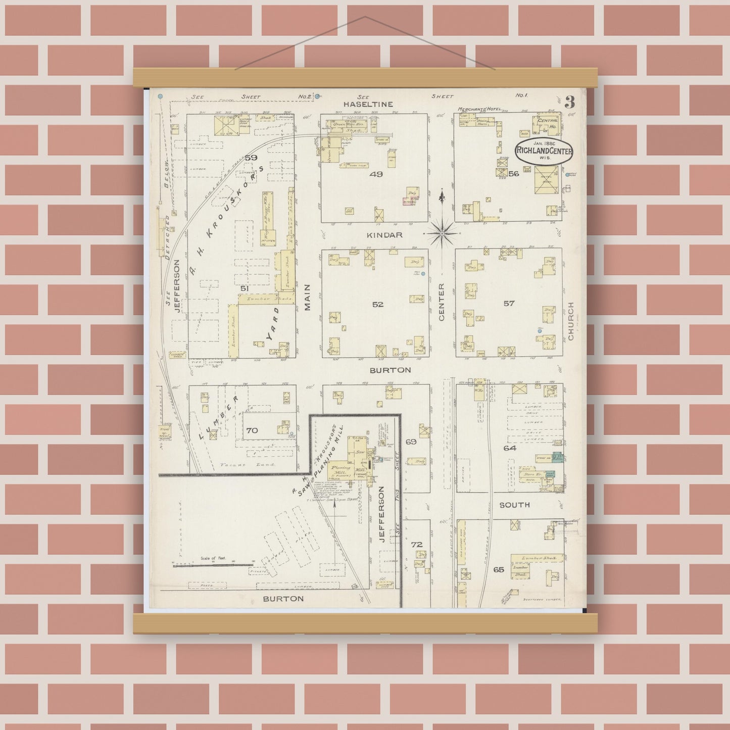Old map wall art mockup — magnetic wood frame on brick wall — Sanborn Fire Insurance Map from Richland Center, Richland County, Wisconsin (1883), Sheet #0003