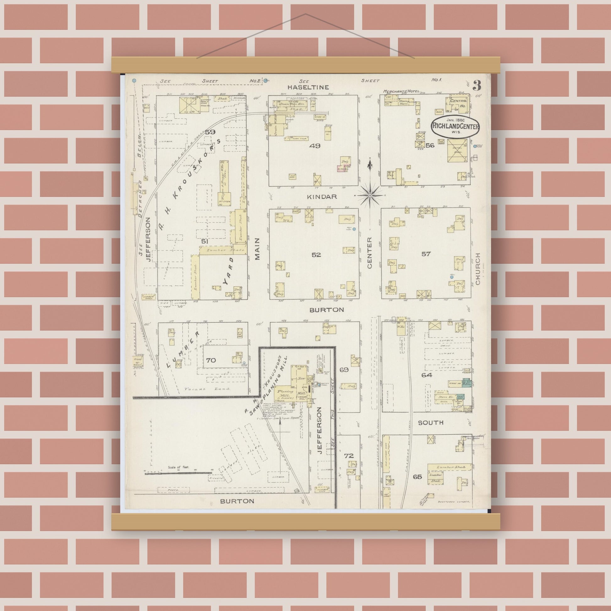 Old map wall art mockup — magnetic wood frame on brick wall — Sanborn Fire Insurance Map from Richland Center, Richland County, Wisconsin (1883), Sheet #0003