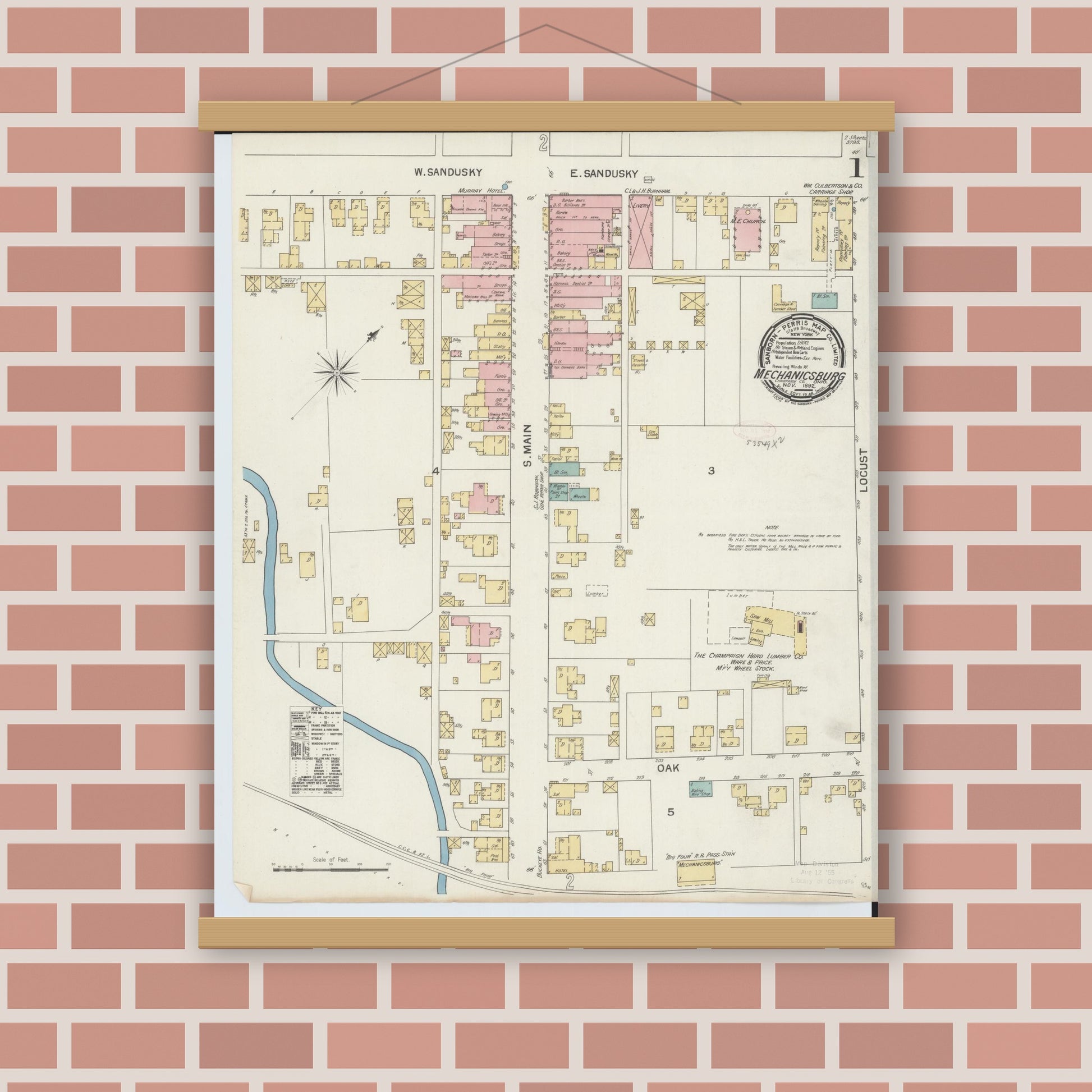 Old map wall art mockup — magnetic wood frame on brick wall — Sanborn Fire Insurance Map from Mechanicsburg, Champaign County, Ohio (1892), Sheet #0001