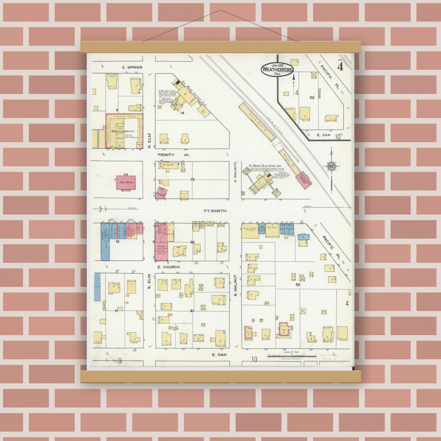 Old map wall art mockup — magnetic wood frame on brick wall — Sanborn Fire Insurance Map from Weatherford, Parker County, Texas (1921), Sheet #0004