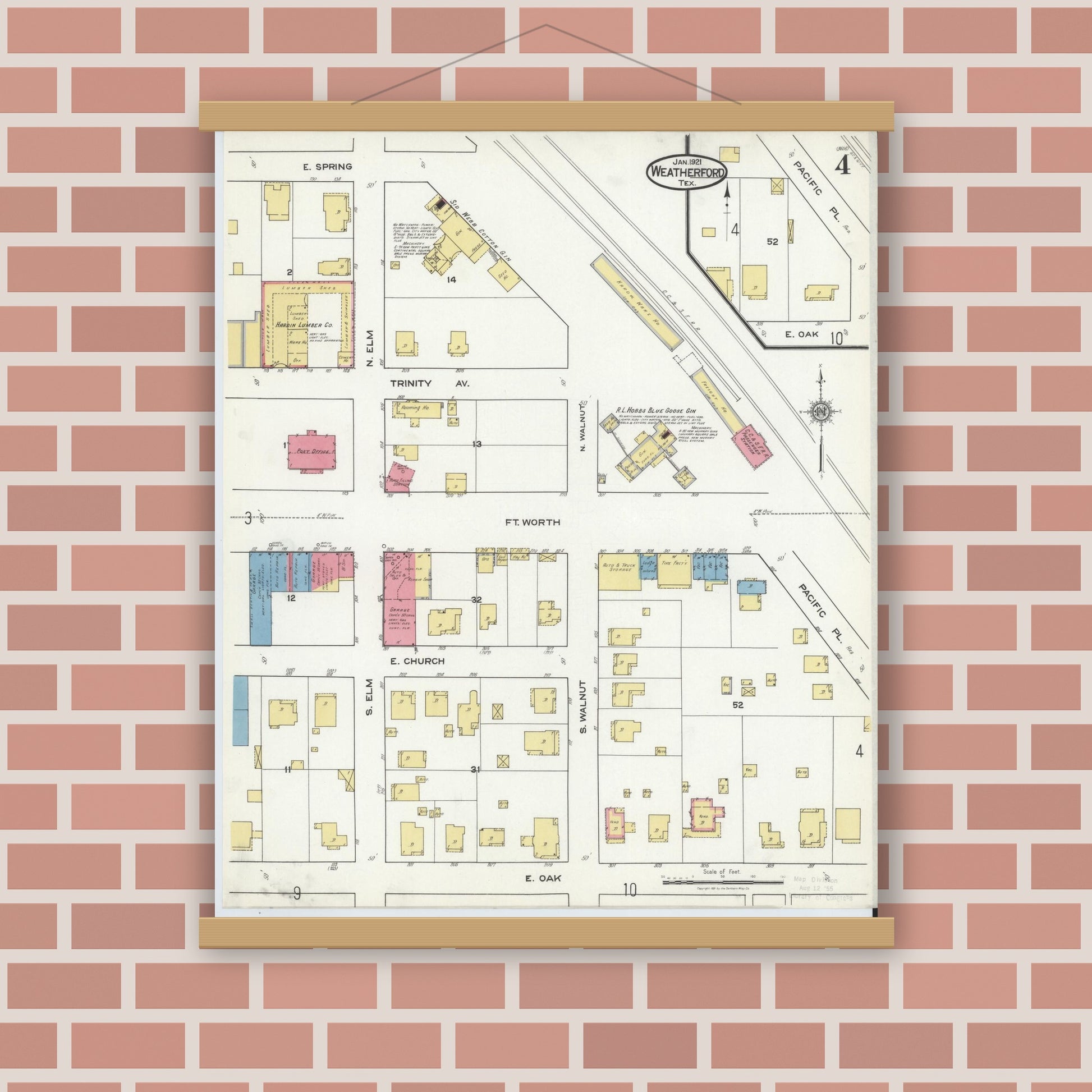 Old map wall art mockup — magnetic wood frame on brick wall — Sanborn Fire Insurance Map from Weatherford, Parker County, Texas (1921), Sheet #0004