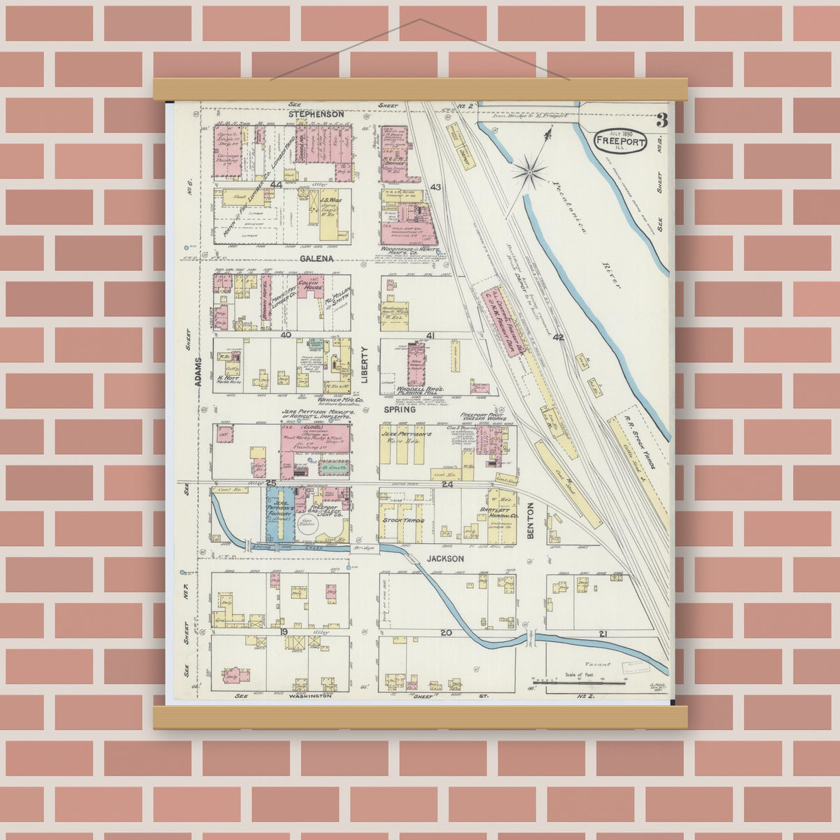Old map wall art mockup — magnetic wood frame on brick wall — Sanborn Fire Insurance Map from Freeport, Stephenson County, Illinois (1890), Sheet #0003
