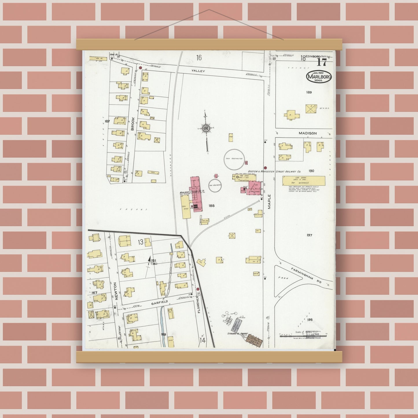Old map wall art mockup — magnetic wood frame on brick wall — Sanborn Fire Insurance Map from Marlborough, Middlesex County, Massachusetts (1920), Sheet #0017