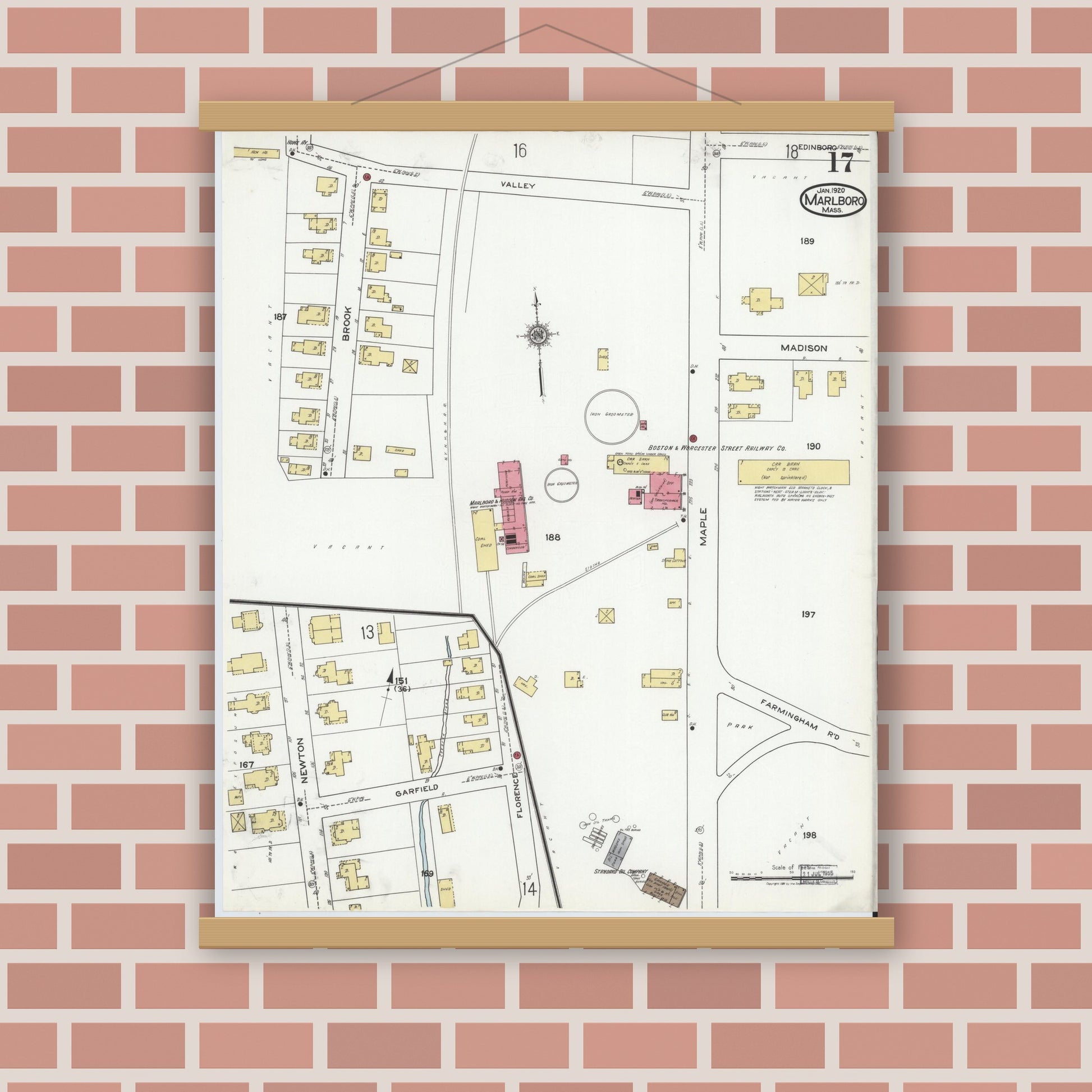 Old map wall art mockup — magnetic wood frame on brick wall — Sanborn Fire Insurance Map from Marlborough, Middlesex County, Massachusetts (1920), Sheet #0017