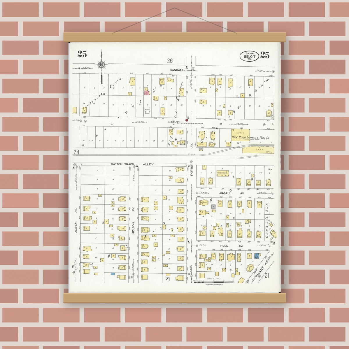 Old map wall art mockup — magnetic wood frame on brick wall — Sanborn Fire Insurance Map from Beloit, Rock County, Wisconsin (1926), Sheet #0025