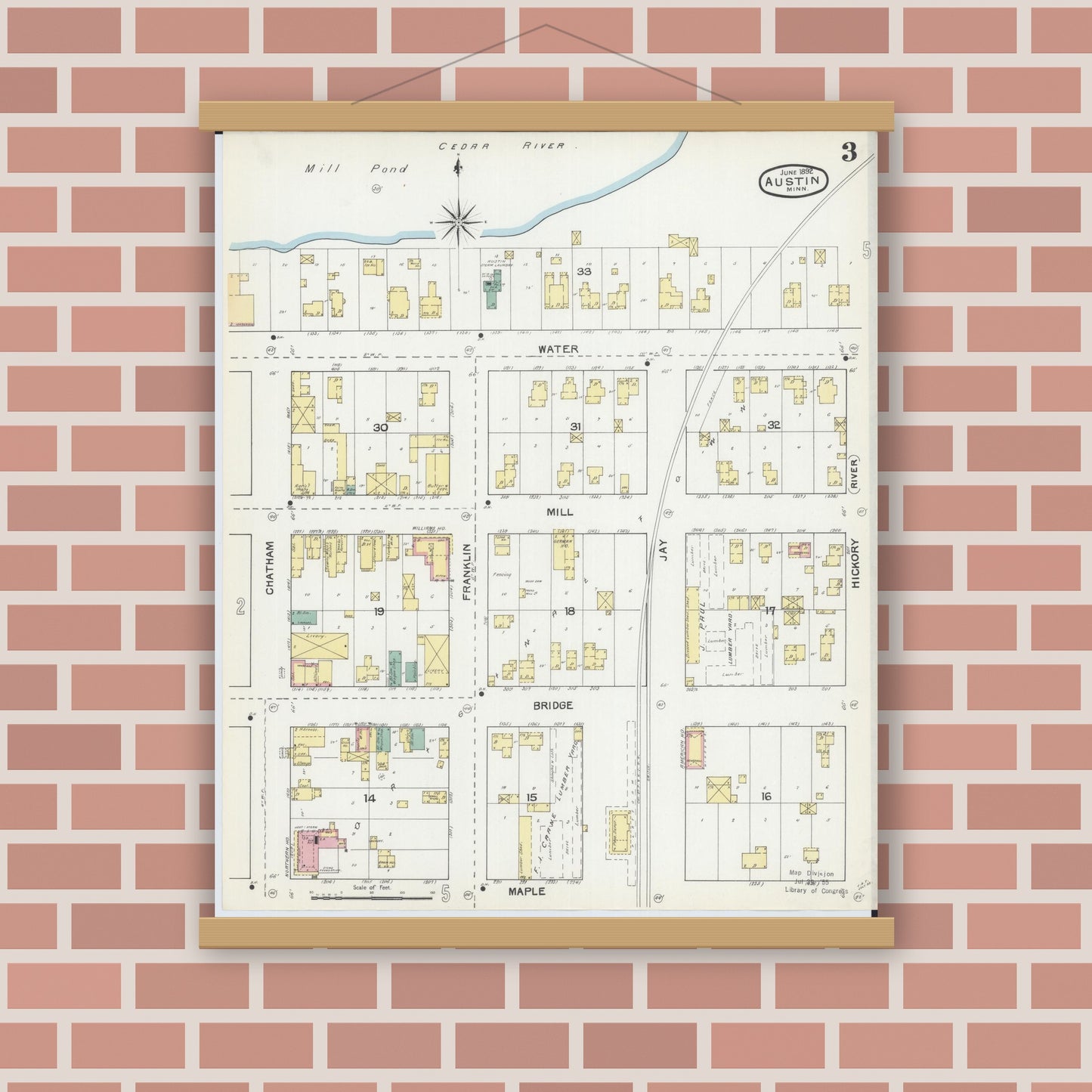 Old map wall art mockup — magnetic wood frame on brick wall — Sanborn Fire Insurance Map from Austin, Mower County, Minnesota (1892), Sheet #0003