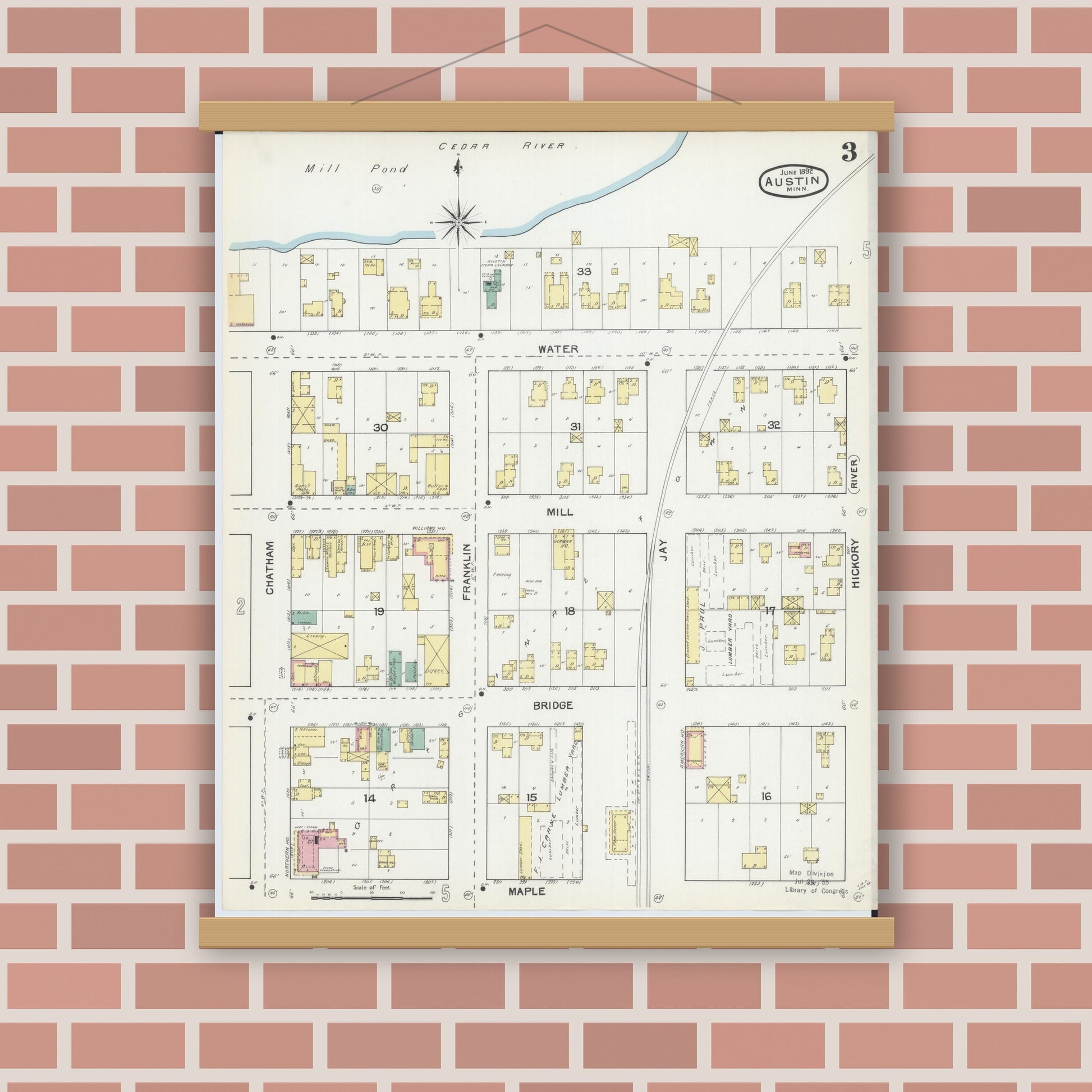 Old map wall art mockup — magnetic wood frame on brick wall — Sanborn Fire Insurance Map from Austin, Mower County, Minnesota (1892), Sheet #0003