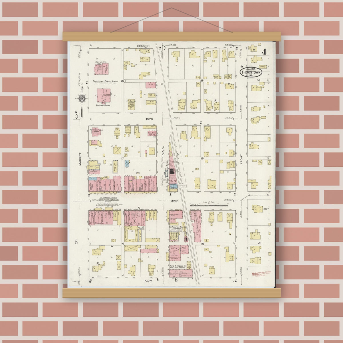 Old map wall art mockup — magnetic wood frame on brick wall — Sanborn Fire Insurance Map from Thorntown, Boone County, Indiana (1915), Sheet #0004