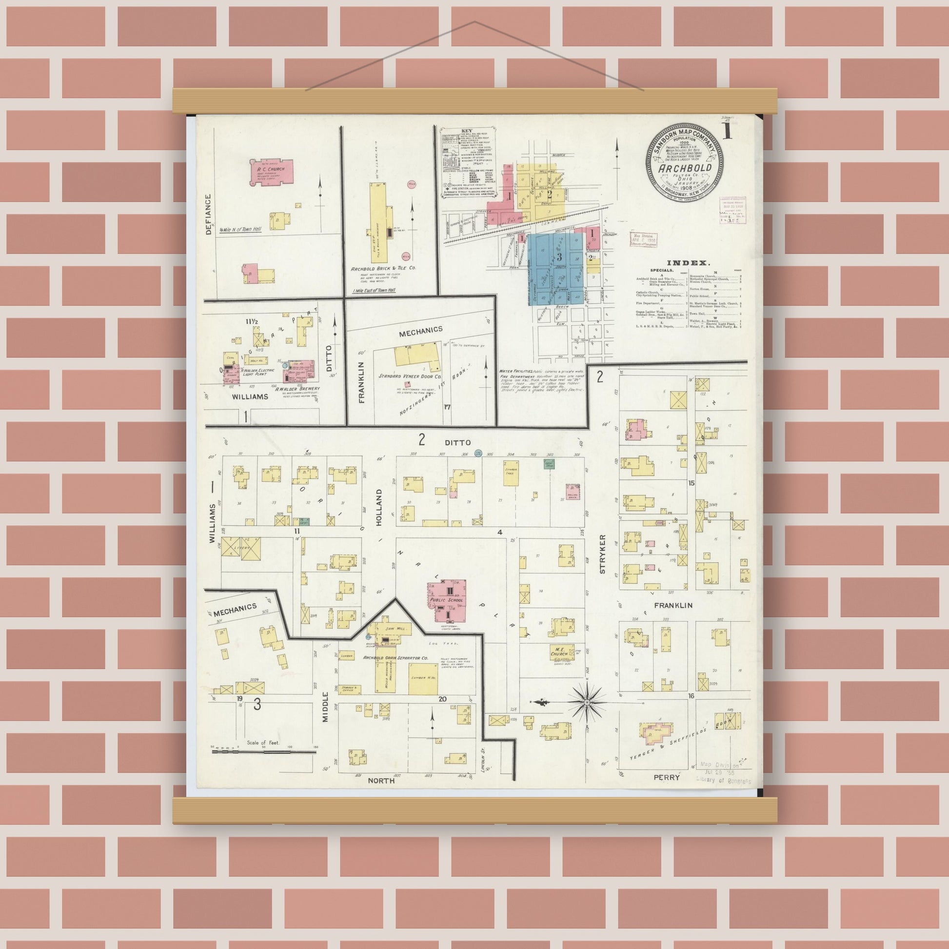 Old map wall art mockup — magnetic wood frame on brick wall — Sanborn Fire Insurance Map from Archbold, Fulton County, Ohio (1908), Sheet #0001