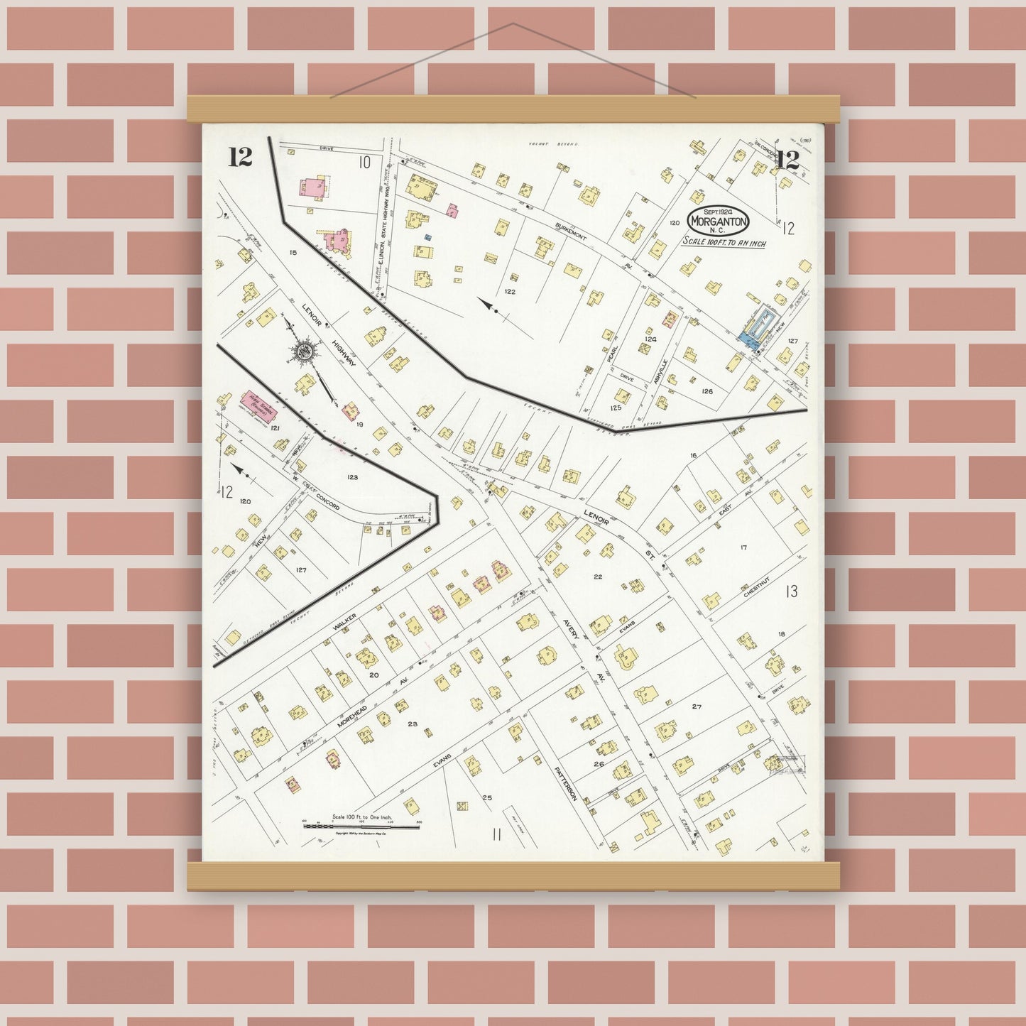 Old map wall art mockup — magnetic wood frame on brick wall — Sanborn Fire Insurance Map from Morganton, Burke County, North Carolina (1924), Sheet #0012
