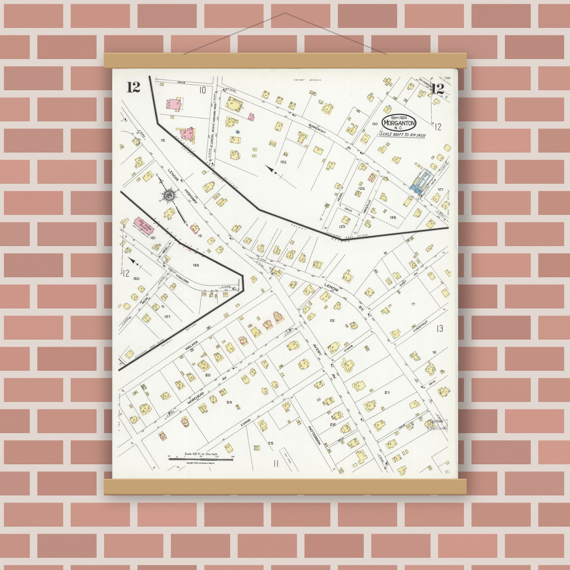 Old map wall art mockup — magnetic wood frame on brick wall — Sanborn Fire Insurance Map from Morganton, Burke County, North Carolina (1924), Sheet #0012