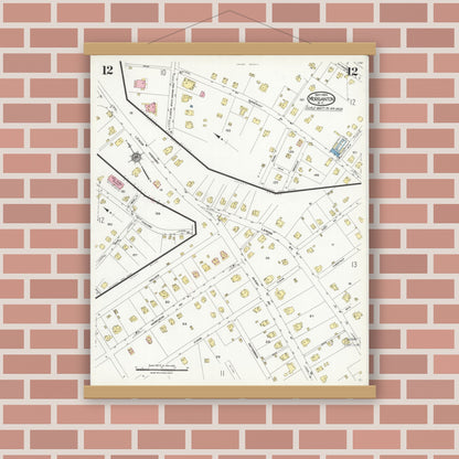 Old map wall art mockup — magnetic wood frame on brick wall — Sanborn Fire Insurance Map from Morganton, Burke County, North Carolina (1924), Sheet #0012