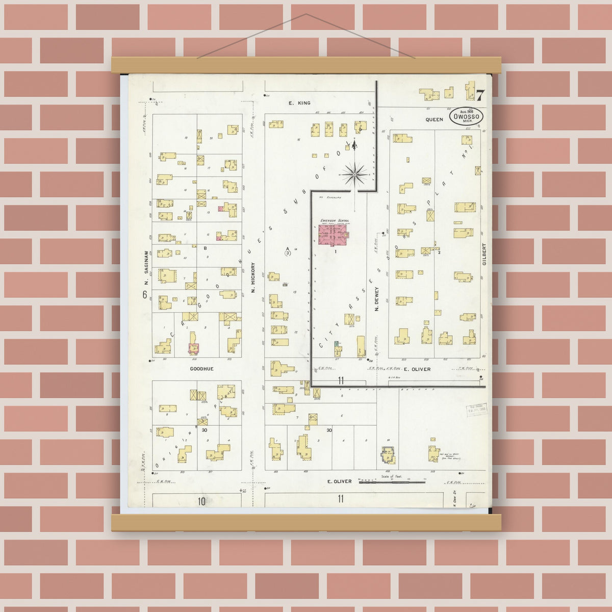 Old map wall art mockup — magnetic wood frame on brick wall — Sanborn Fire Insurance Map from Owosso, Shiawassee County, Michigan (1908), Sheet #0007