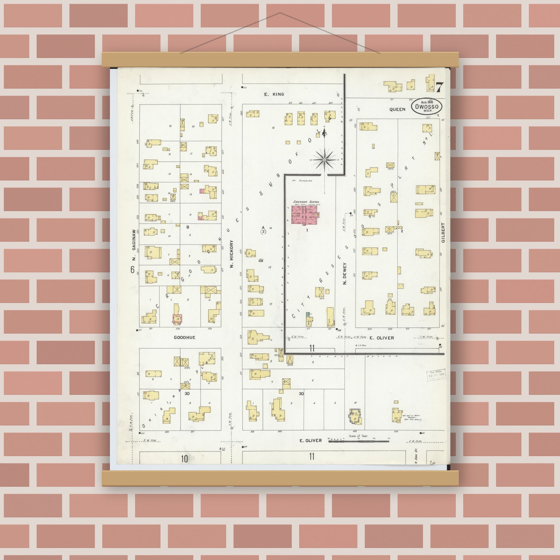 Old map wall art mockup — magnetic wood frame on brick wall — Sanborn Fire Insurance Map from Owosso, Shiawassee County, Michigan (1908), Sheet #0007