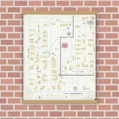 Old map wall art mockup — magnetic wood frame on brick wall — Sanborn Fire Insurance Map from Owosso, Shiawassee County, Michigan (1908), Sheet #0007