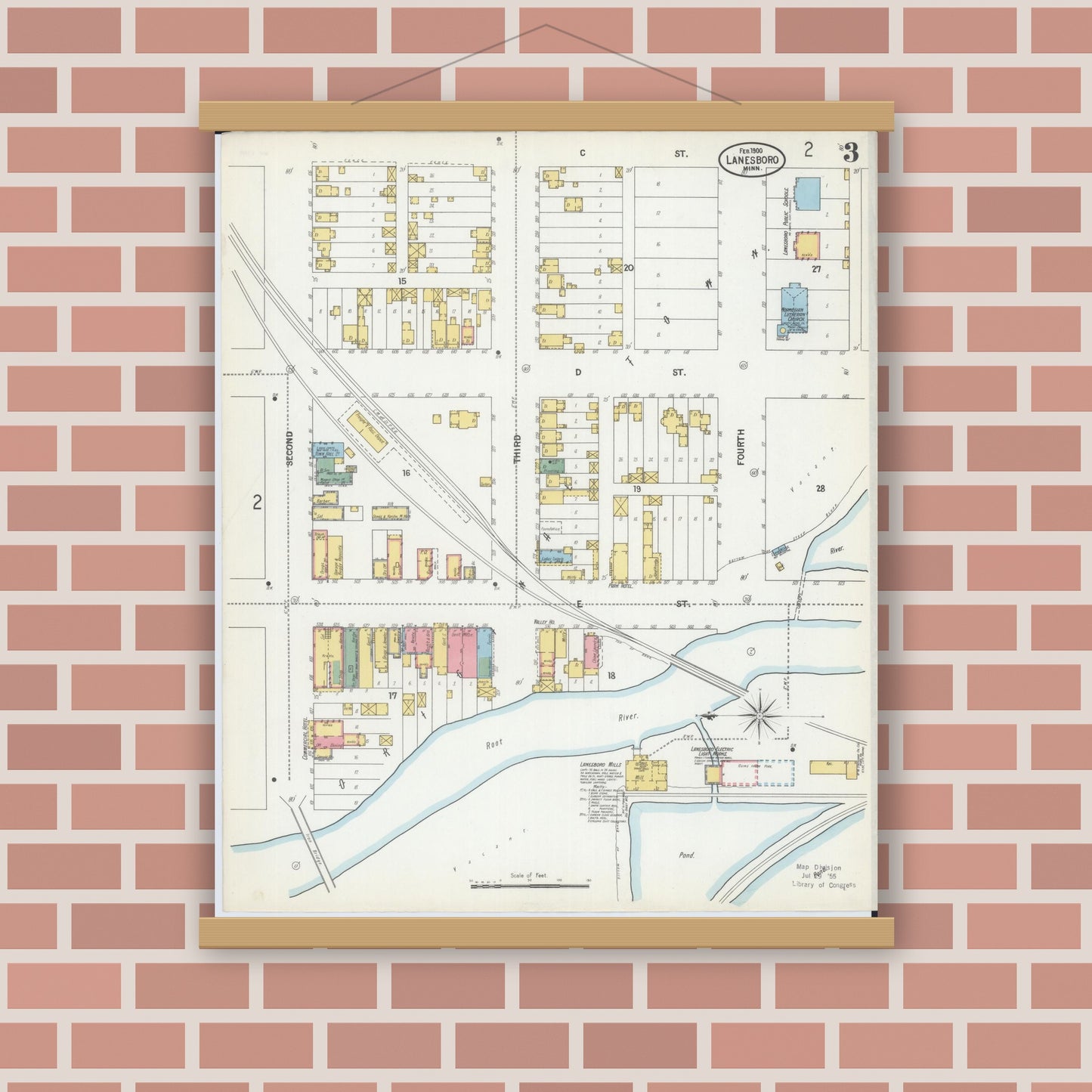 Old map wall art mockup — magnetic wood frame on brick wall — Sanborn Fire Insurance Map from Lanesboro, Fillmore County, Minnesota (1900), Sheet #0003