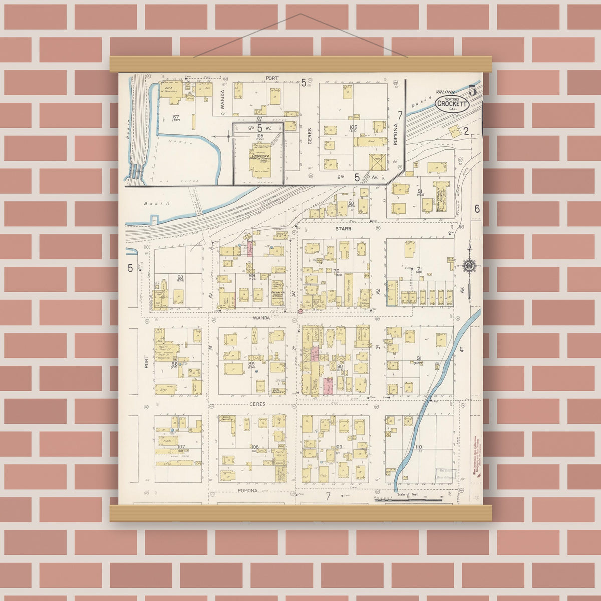 Old map wall art mockup — magnetic wood frame on brick wall — Sanborn Fire Insurance Map from Crockett, Contra Costa County, California (1913), Sheet #0005