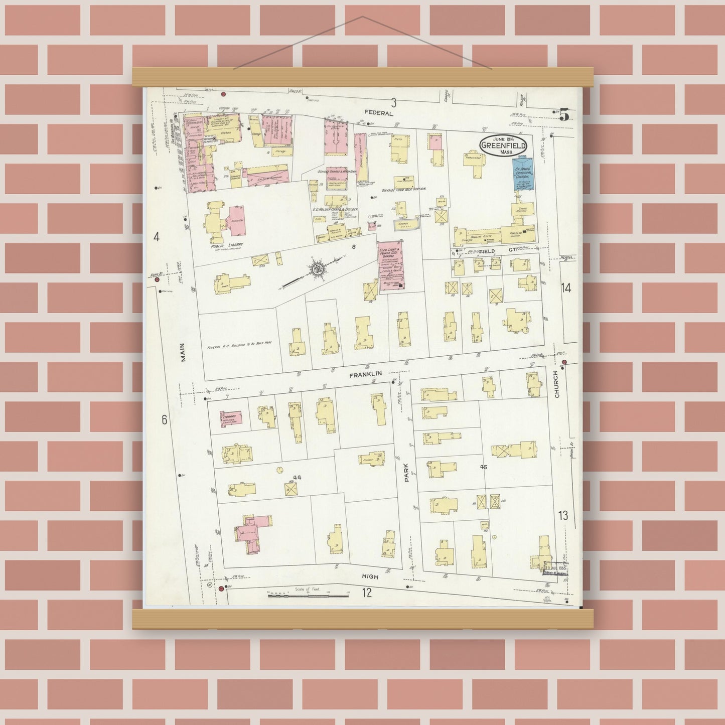 Old map wall art mockup — magnetic wood frame on brick wall — Sanborn Fire Insurance Map from Greenfield, Franklin County, Massachusetts (1914), Sheet #0005