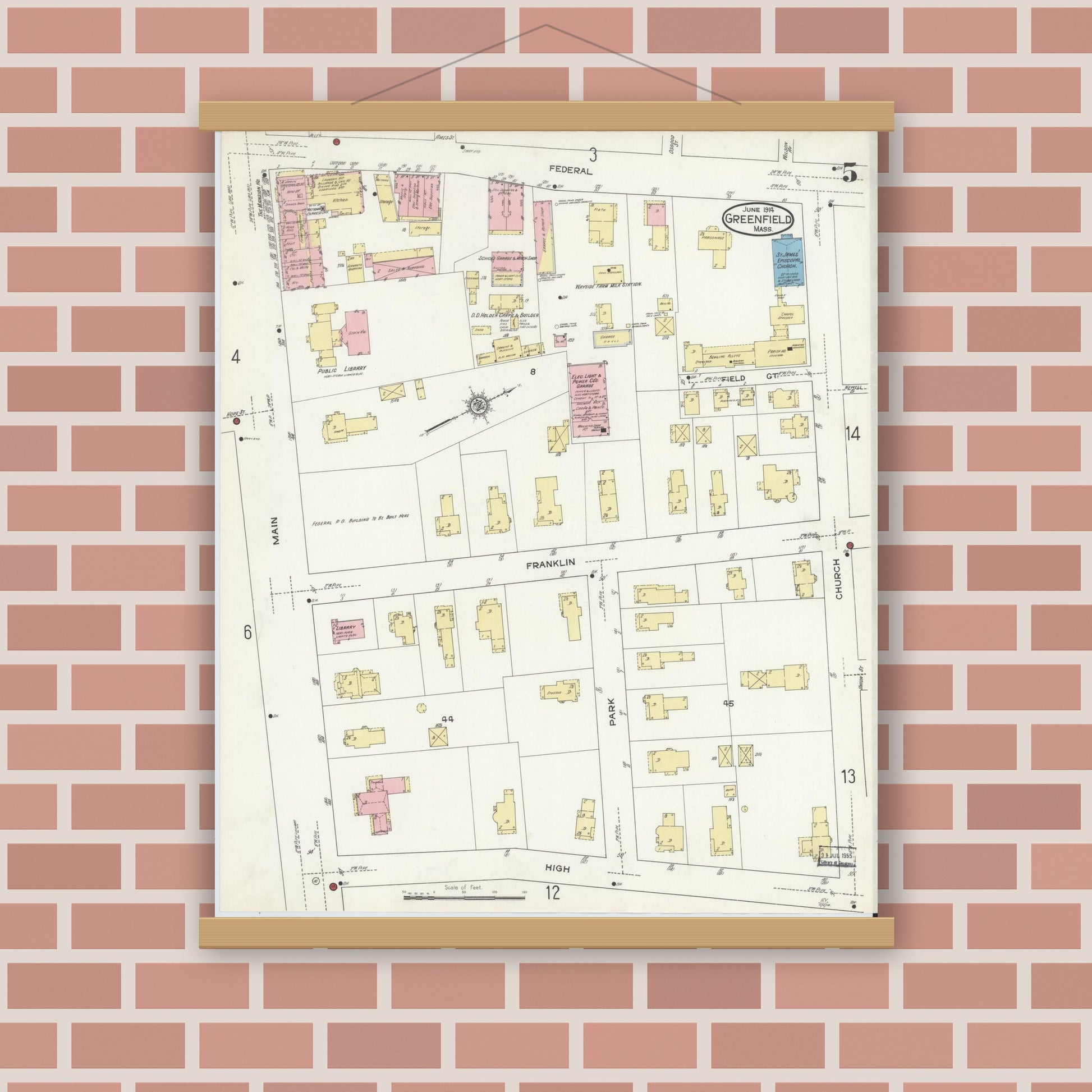 Old map wall art mockup — magnetic wood frame on brick wall — Sanborn Fire Insurance Map from Greenfield, Franklin County, Massachusetts (1914), Sheet #0005