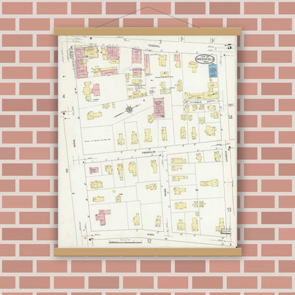 Old map wall art mockup — magnetic wood frame on brick wall — Sanborn Fire Insurance Map from Greenfield, Franklin County, Massachusetts (1914), Sheet #0005