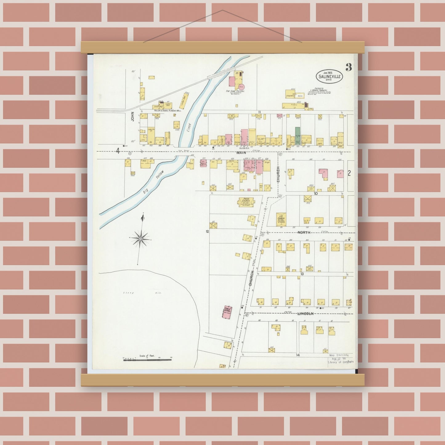 Old map wall art mockup — magnetic wood frame on brick wall — Sanborn Fire Insurance Map from Salineville, Columbiana County, Ohio (1902), Sheet #0003