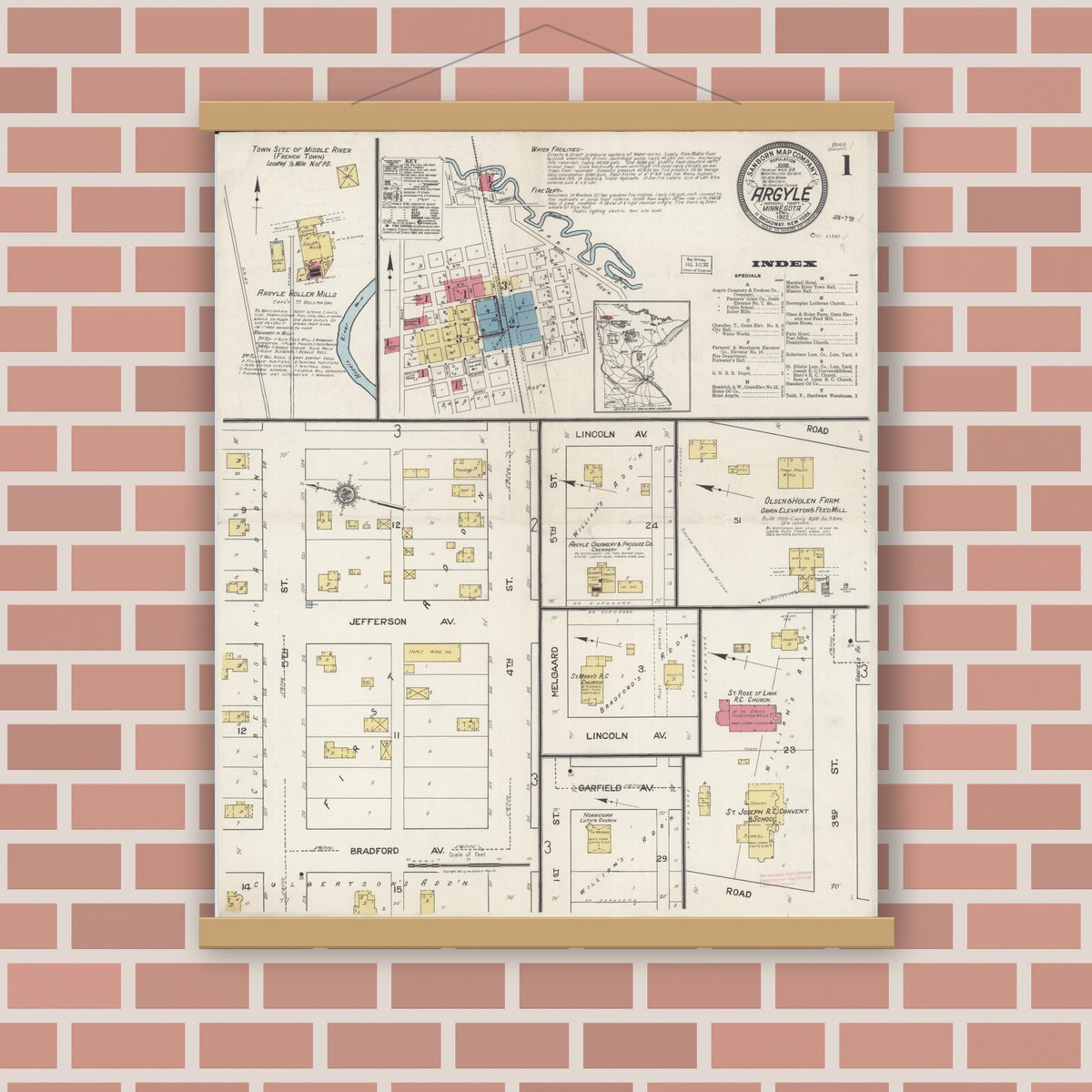 Old map wall art mockup — magnetic wood frame on brick wall — Sanborn Fire Insurance Map from Argyle, Marshall County, Minnesota (1922), Sheet #0001
