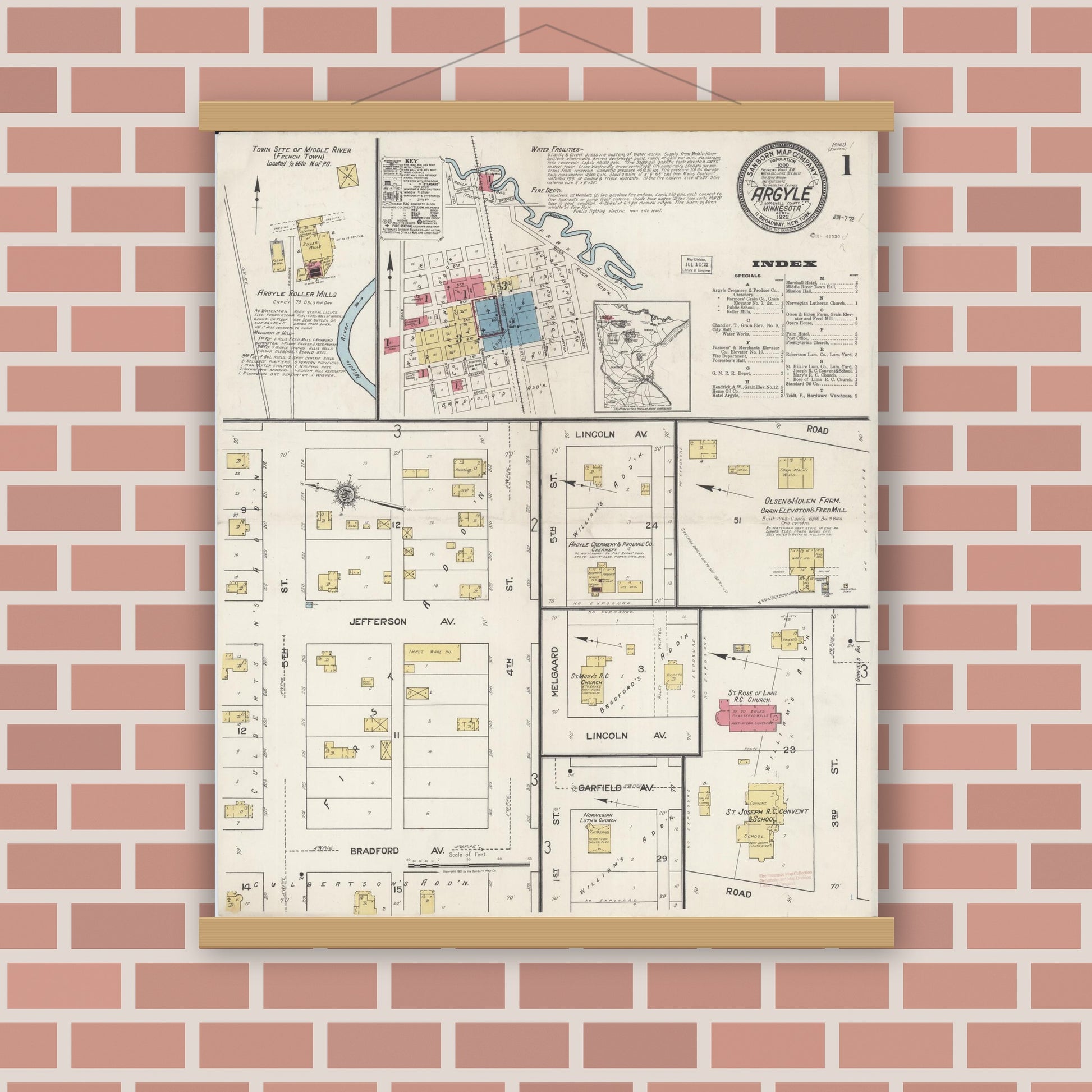 Old map wall art mockup — magnetic wood frame on brick wall — Sanborn Fire Insurance Map from Argyle, Marshall County, Minnesota (1922), Sheet #0001