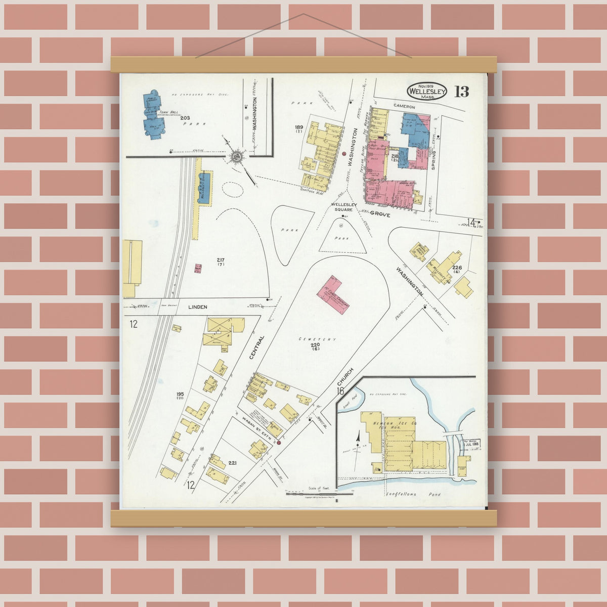 Old map wall art mockup — magnetic wood frame on brick wall — Sanborn Fire Insurance Map from Wellesley, Norfolk County, Massachusetts (1919), Sheet #0013