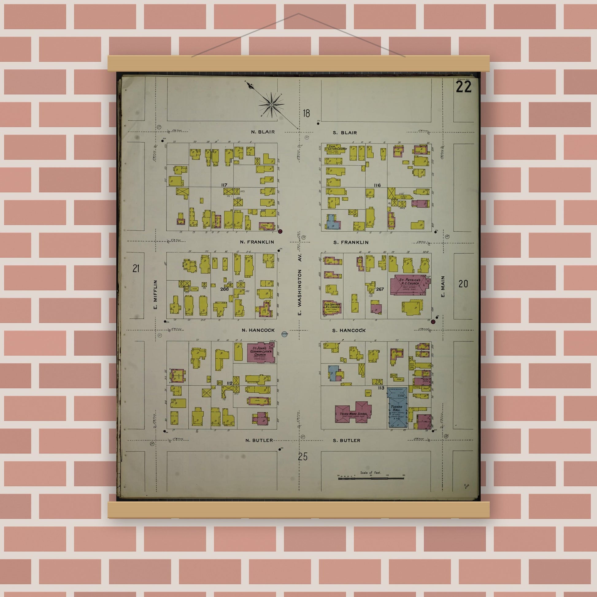 Old map wall art mockup — magnetic wood frame on brick wall — Sanborn Fire Insurance Map from Madison, Dane County, Wisconsin (1908), Sheet #0022