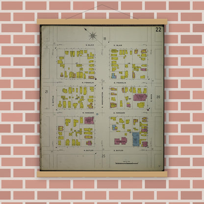 Old map wall art mockup — magnetic wood frame on brick wall — Sanborn Fire Insurance Map from Madison, Dane County, Wisconsin (1908), Sheet #0022