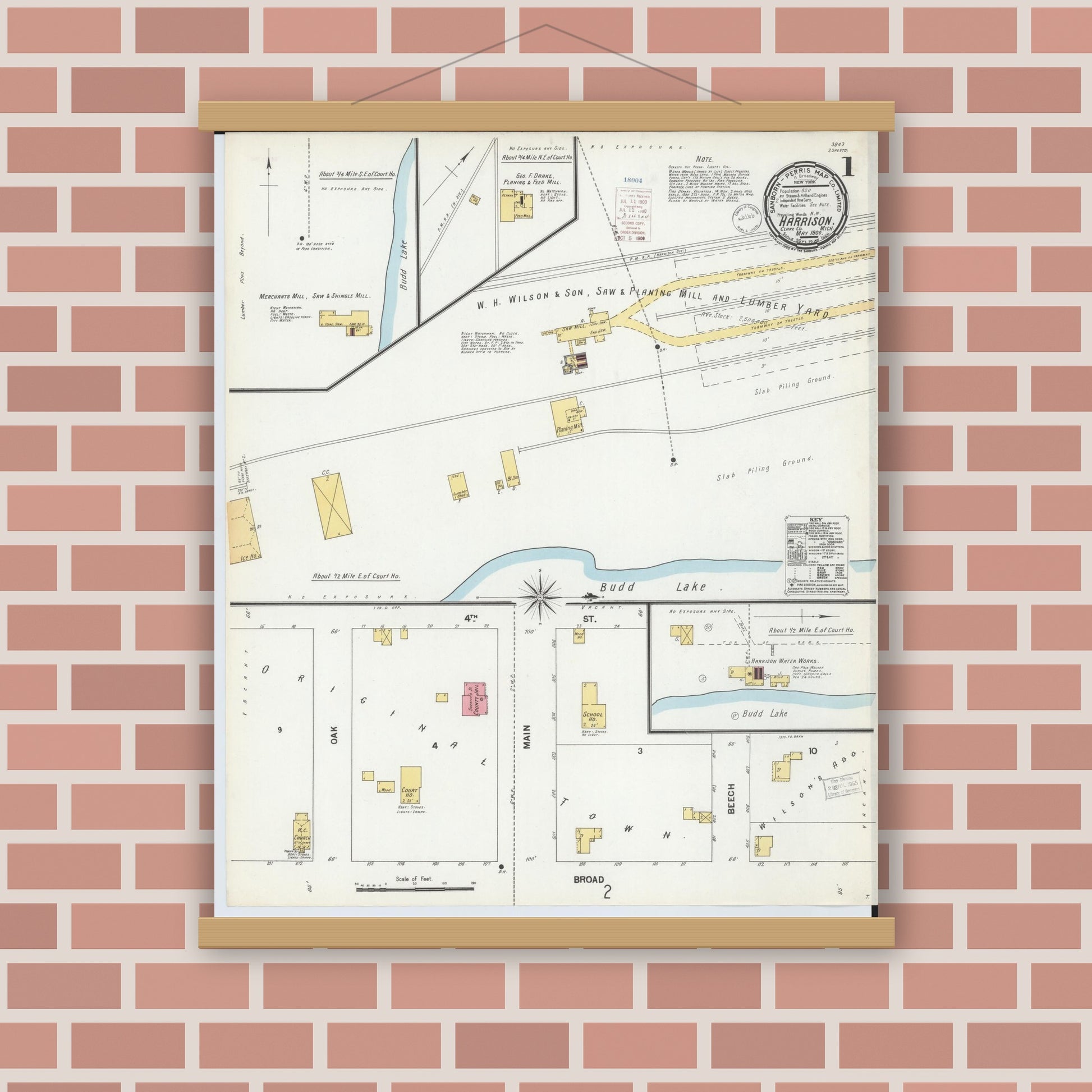 Old map wall art mockup — magnetic wood frame on brick wall — Sanborn Fire Insurance Map from Harrison, Clare County, Michigan (1900) - Complete Map Set