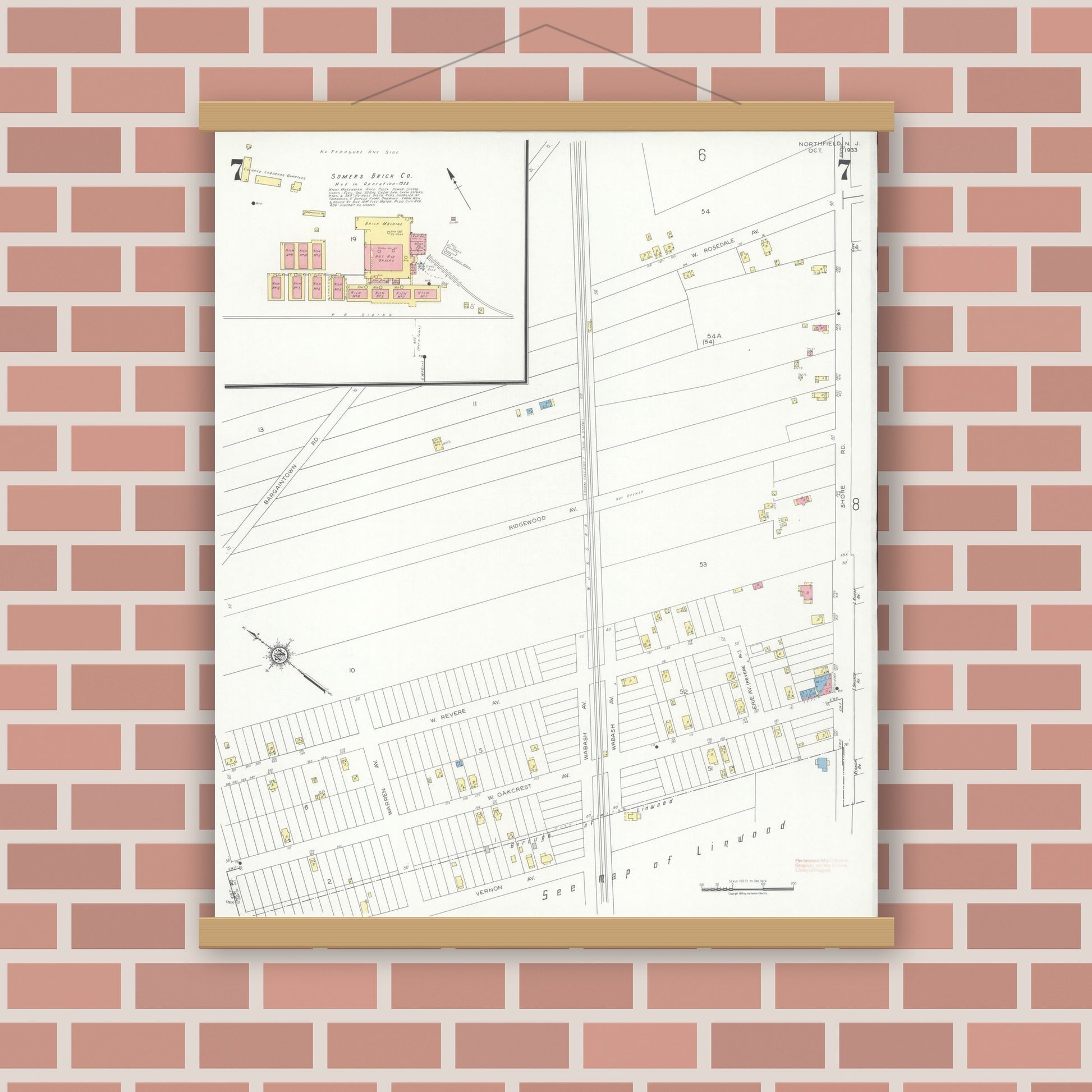 Old map wall art mockup — magnetic wood frame on brick wall — Sanborn Fire Insurance Map from Northfield, Atlantic County, New Jersey (1933), Sheet #0007