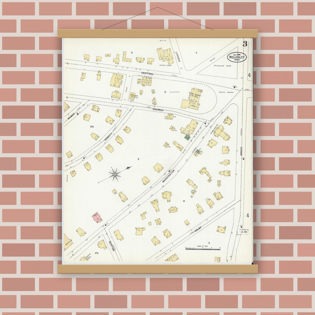 Old map wall art mockup — magnetic wood frame on brick wall — Sanborn Fire Insurance Map from Wellesley, Norfolk County, Massachusetts (1906), Sheet #0003