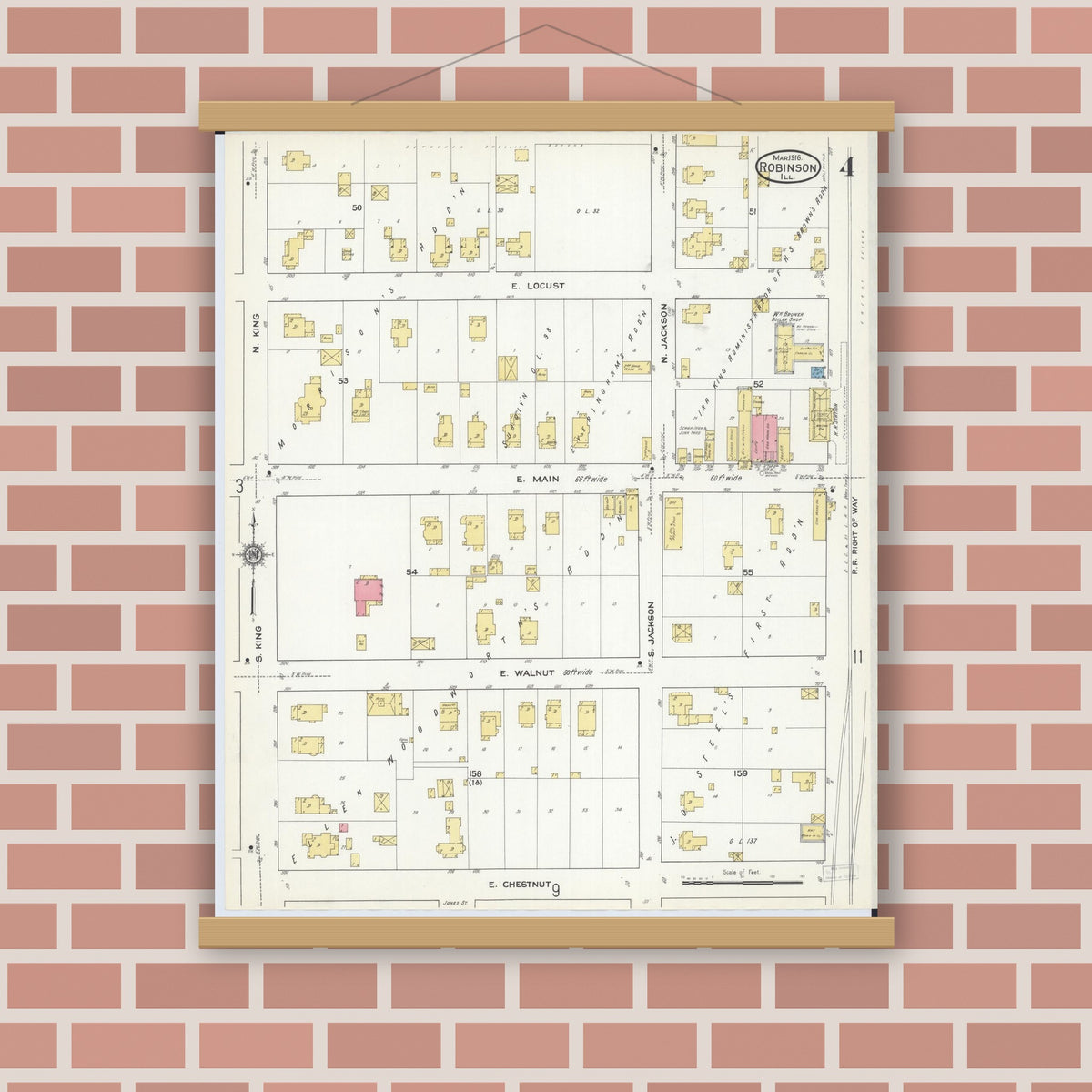 Old map wall art mockup — magnetic wood frame on brick wall — Sanborn Fire Insurance Map from Robinson, Crawford County, Illinois (1916), Sheet #0004