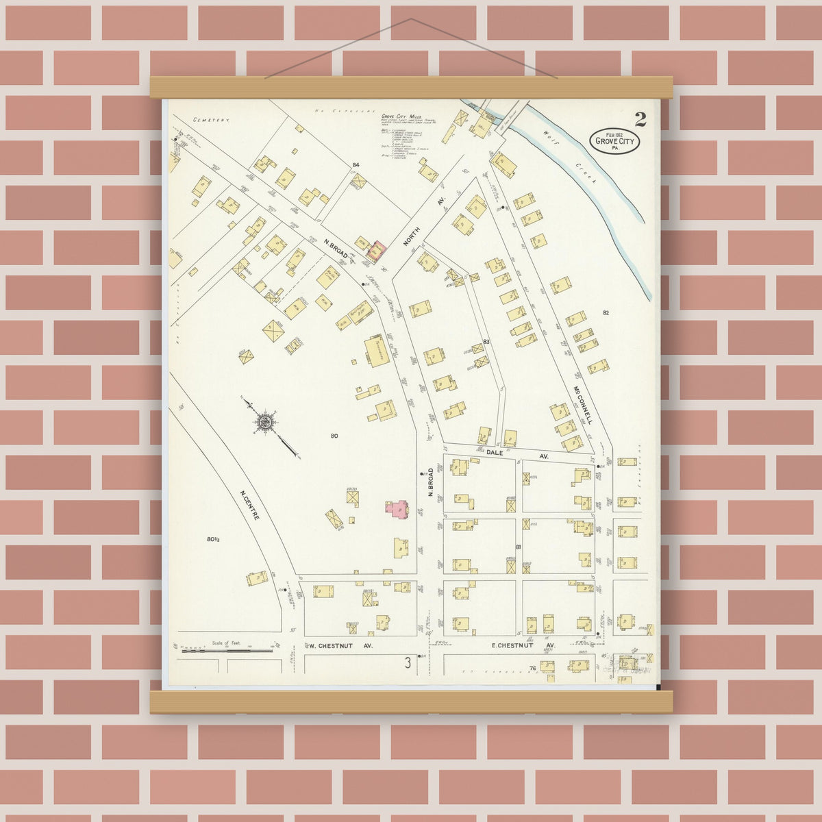 Old map wall art mockup — magnetic wood frame on brick wall — Sanborn Fire Insurance Map from Grove City, Mercer County, Pennsylvania (1912), Sheet #0002