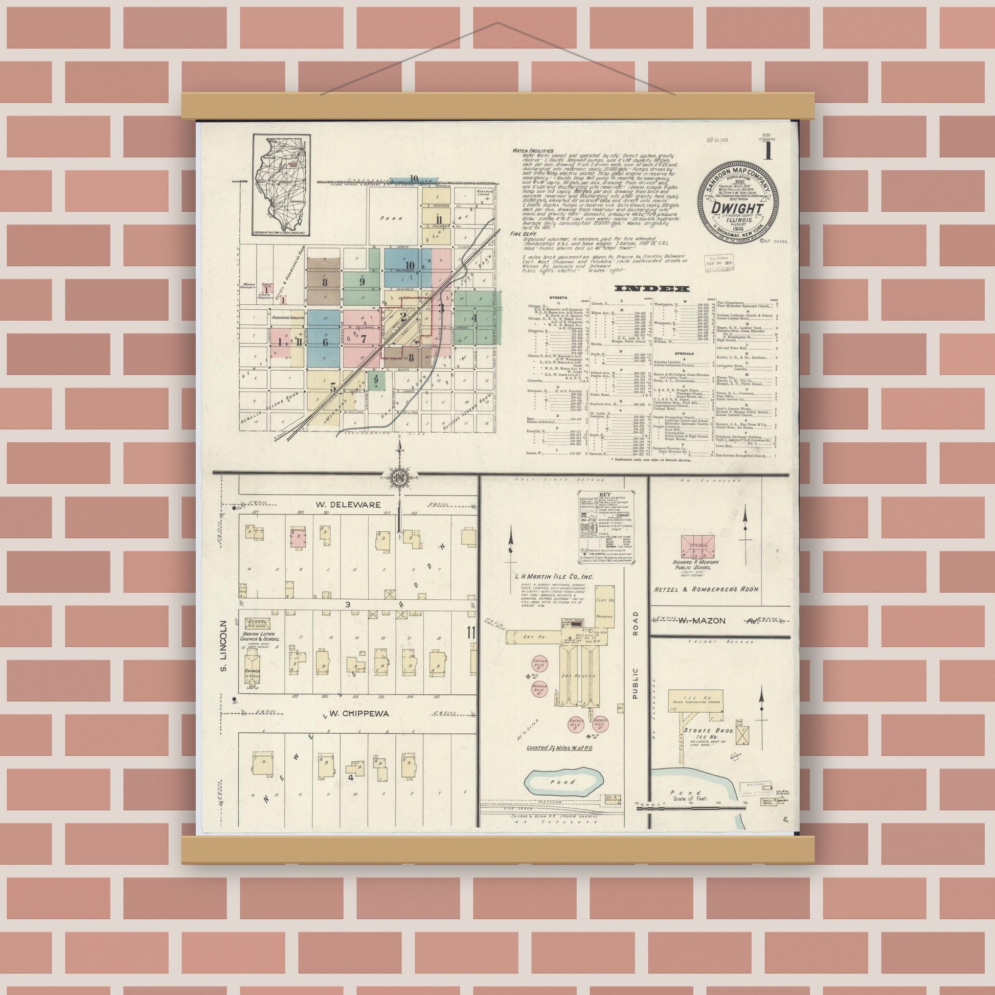 Old map wall art mockup — magnetic wood frame on brick wall — Sanborn Fire Insurance Map from Dwight, Livingston County, Illinois (1914) - Complete Map Set