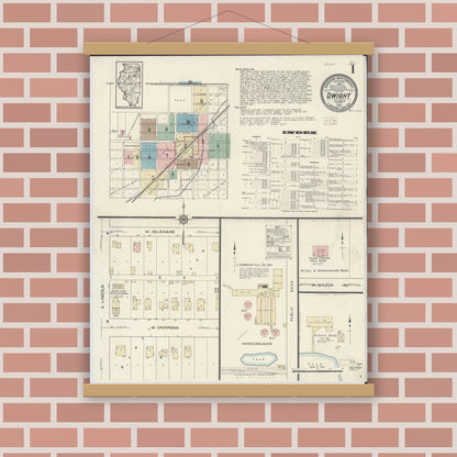Old map wall art mockup — magnetic wood frame on brick wall — Sanborn Fire Insurance Map from Dwight, Livingston County, Illinois (1914) - Complete Map Set