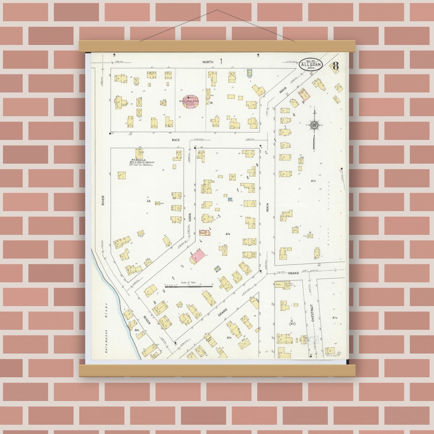 Old map wall art mockup — magnetic wood frame on brick wall — Sanborn Fire Insurance Map from Allegan, Allegan County, Michigan (1911), Sheet #0008