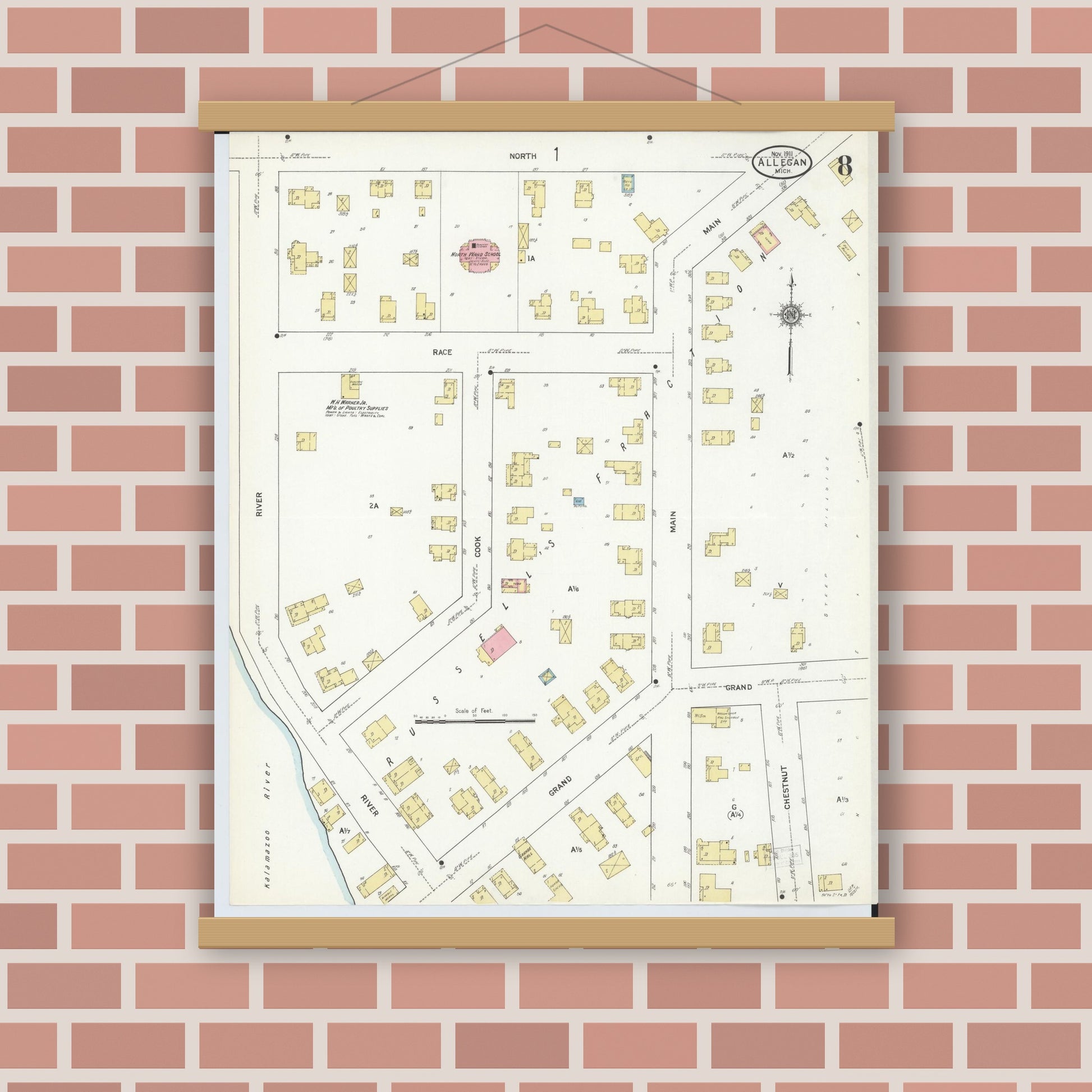 Old map wall art mockup — magnetic wood frame on brick wall — Sanborn Fire Insurance Map from Allegan, Allegan County, Michigan (1911), Sheet #0008
