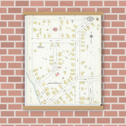 Old map wall art mockup — magnetic wood frame on brick wall — Sanborn Fire Insurance Map from Allegan, Allegan County, Michigan (1911), Sheet #0008