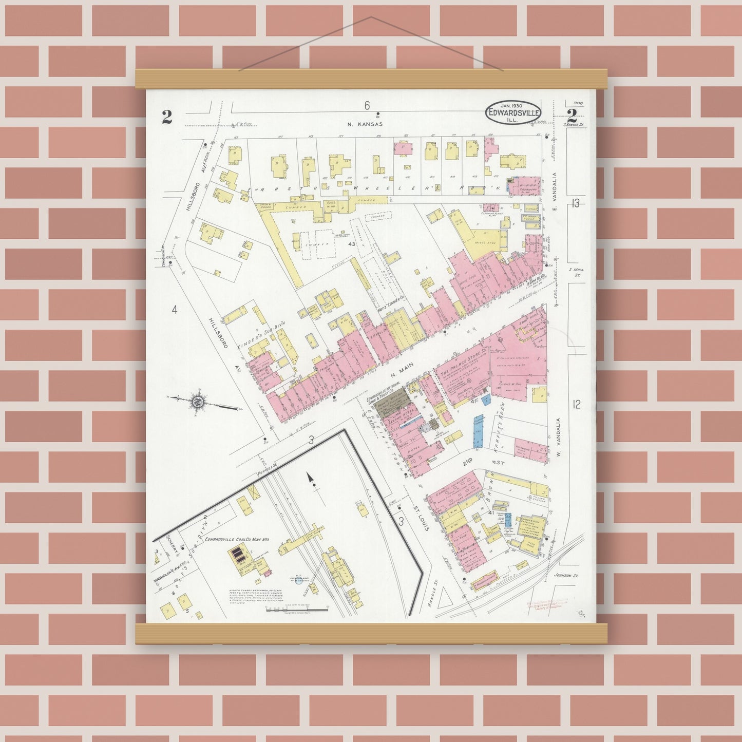 Old map wall art mockup — magnetic wood frame on brick wall — Sanborn Fire Insurance Map from Edwardsville, Madison County, Illinois (1930), Sheet #0002
