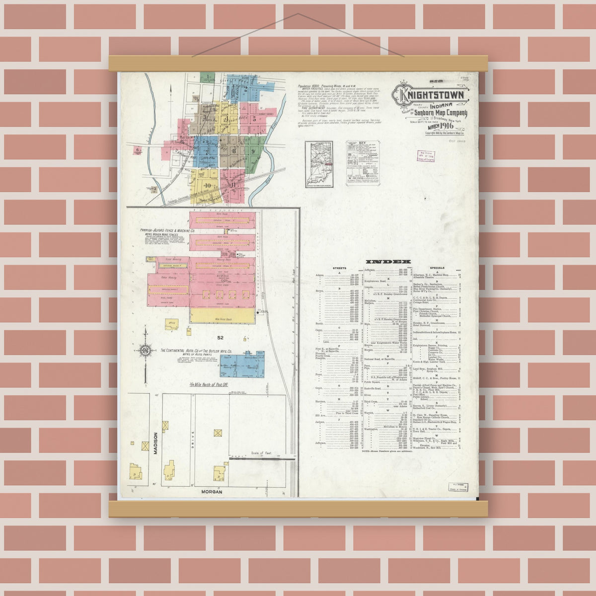Old map wall art mockup — magnetic wood frame on brick wall — Sanborn Fire Insurance Map from Knightstown, Henry County, Indiana (1916) - Complete Map Set