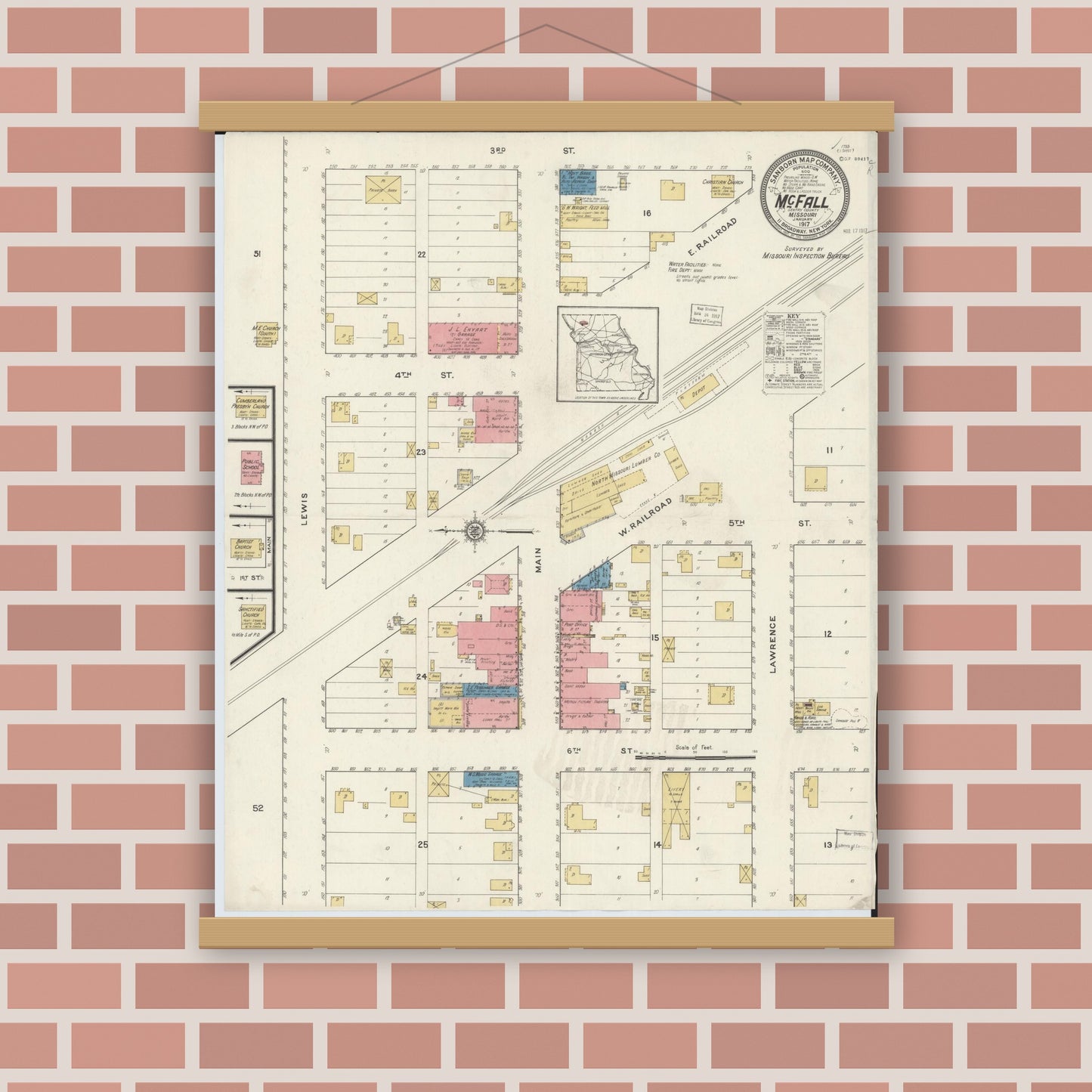Old map wall art mockup — magnetic wood frame on brick wall — Sanborn Fire Insurance Map from Mcfall, Gentry County, Missouri (1917), Sheet #0001