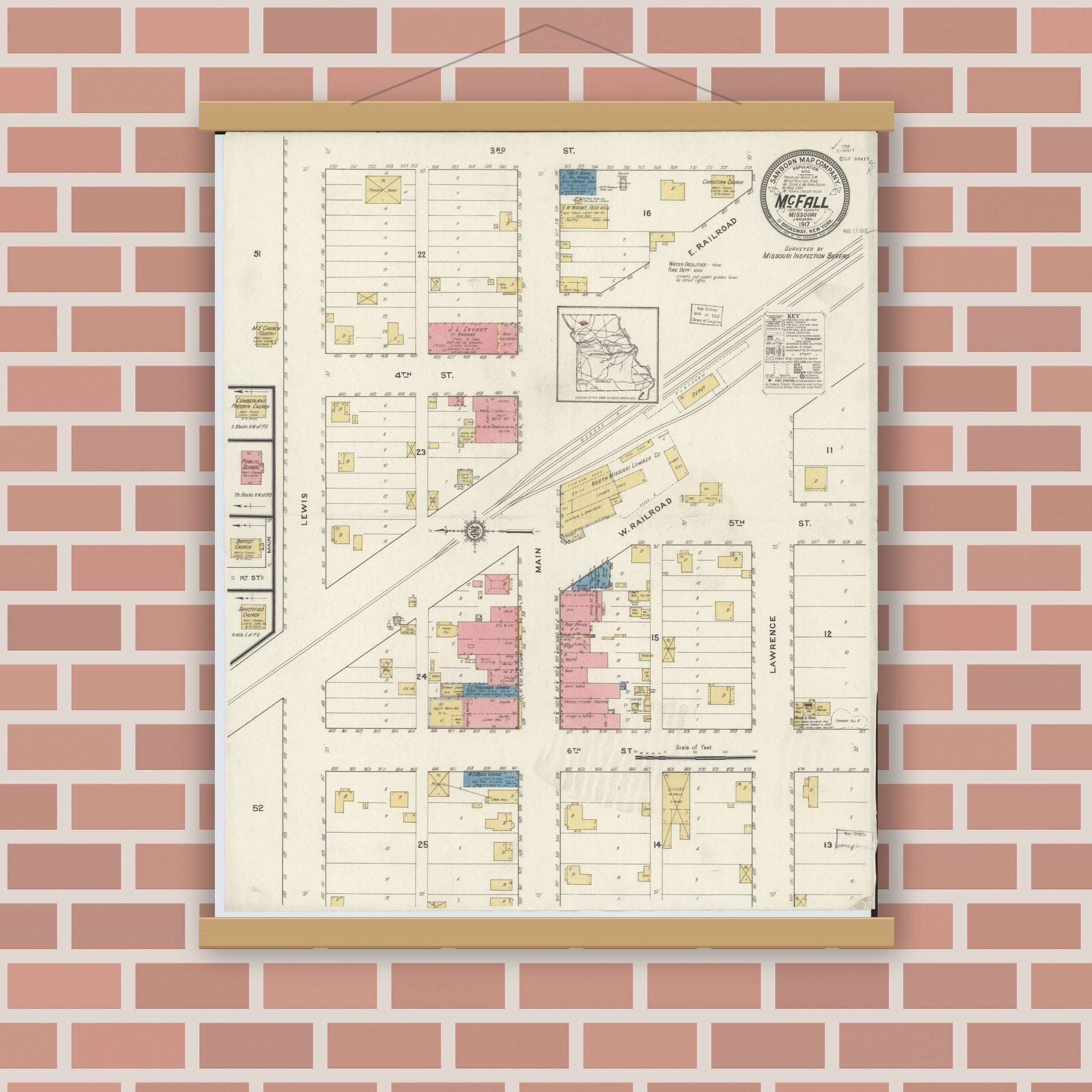 Old map wall art mockup — magnetic wood frame on brick wall — Sanborn Fire Insurance Map from Mcfall, Gentry County, Missouri (1917), Sheet #0001