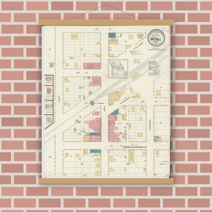 Old map wall art mockup — magnetic wood frame on brick wall — Sanborn Fire Insurance Map from Mcfall, Gentry County, Missouri (1917), Sheet #0001